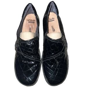 CLARKS May Carina Black Slip On Casual Shoes‎ Patent Crocodile Women's US 9.5 M